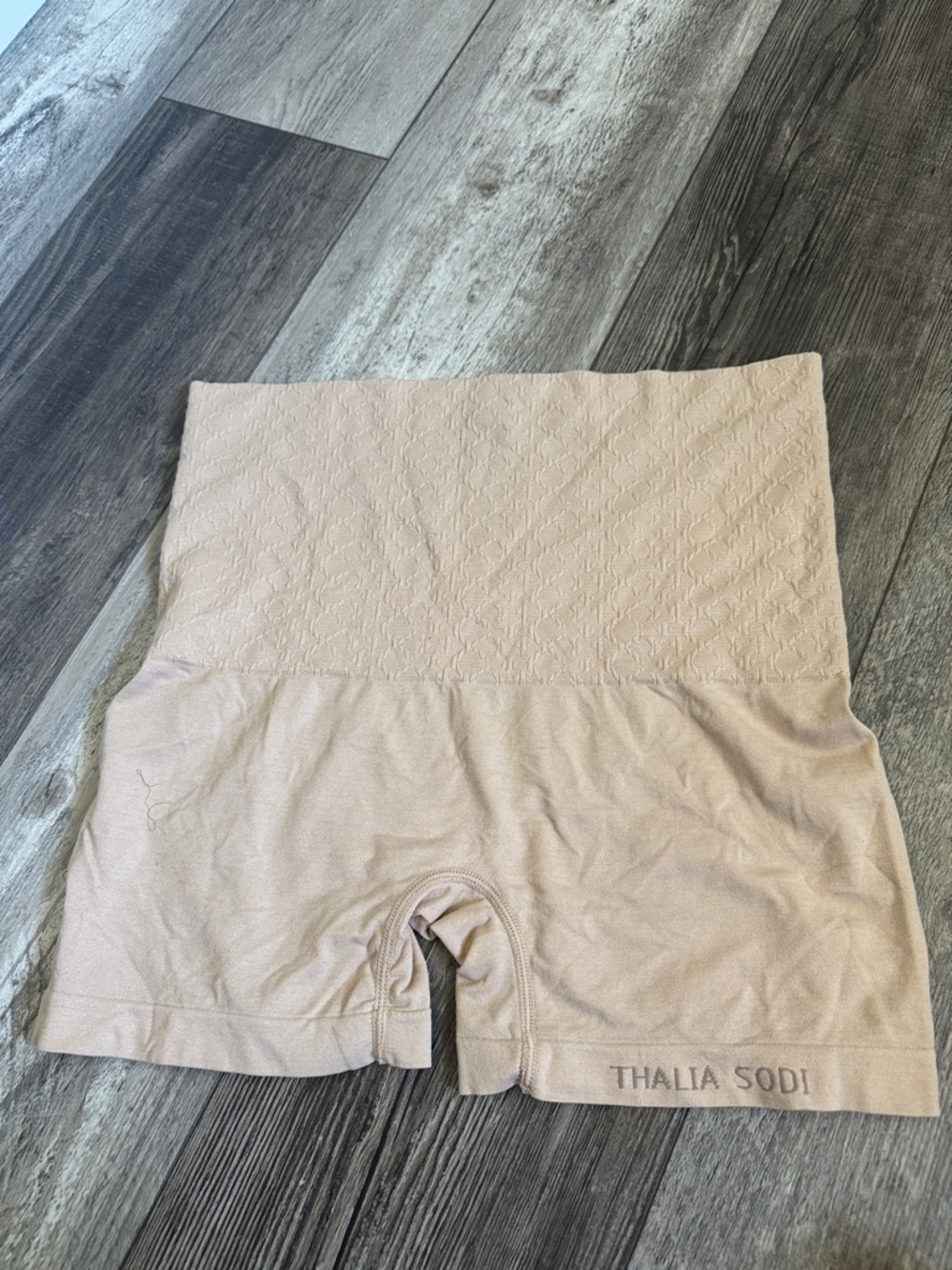 Thalia Sodi High-Waist Shaping Shorts in Light Beige